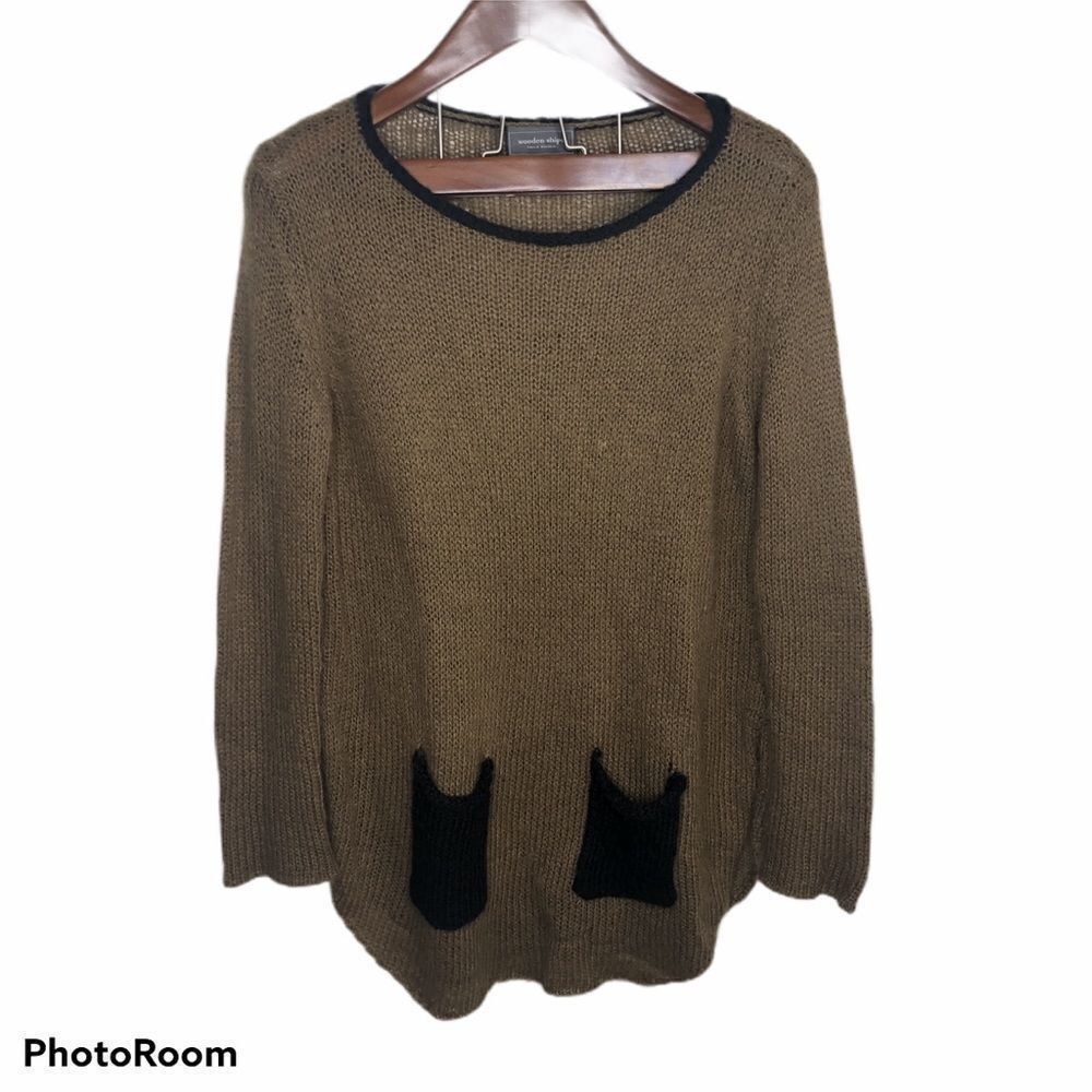 Wooden Ship Brown Knit Pocket Crewneck Sweater S M Small Medium Soft Tan